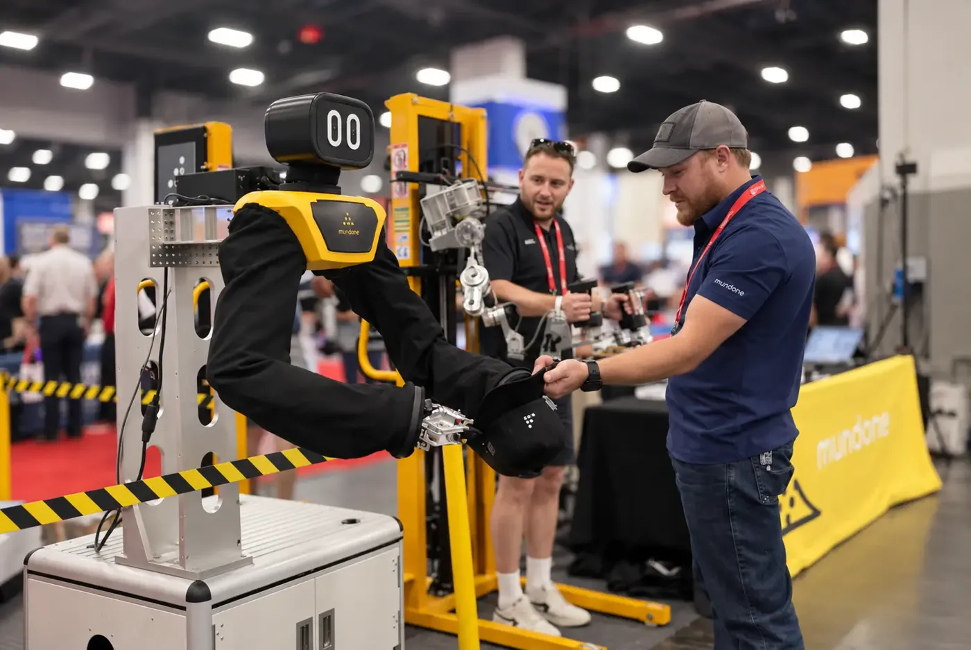 The yellow and black Mundane robot takes a cap from a visitor at NECA 2026 while an operator drives it from the exoskeleton