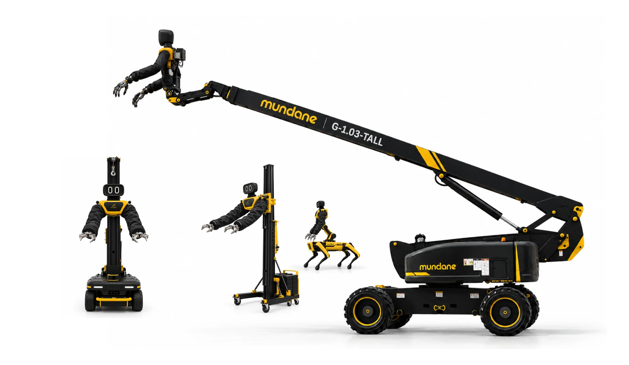 The Mundane upper body on a wheeled base, on a mast stand, on a legged platform and at the end of a boom lift