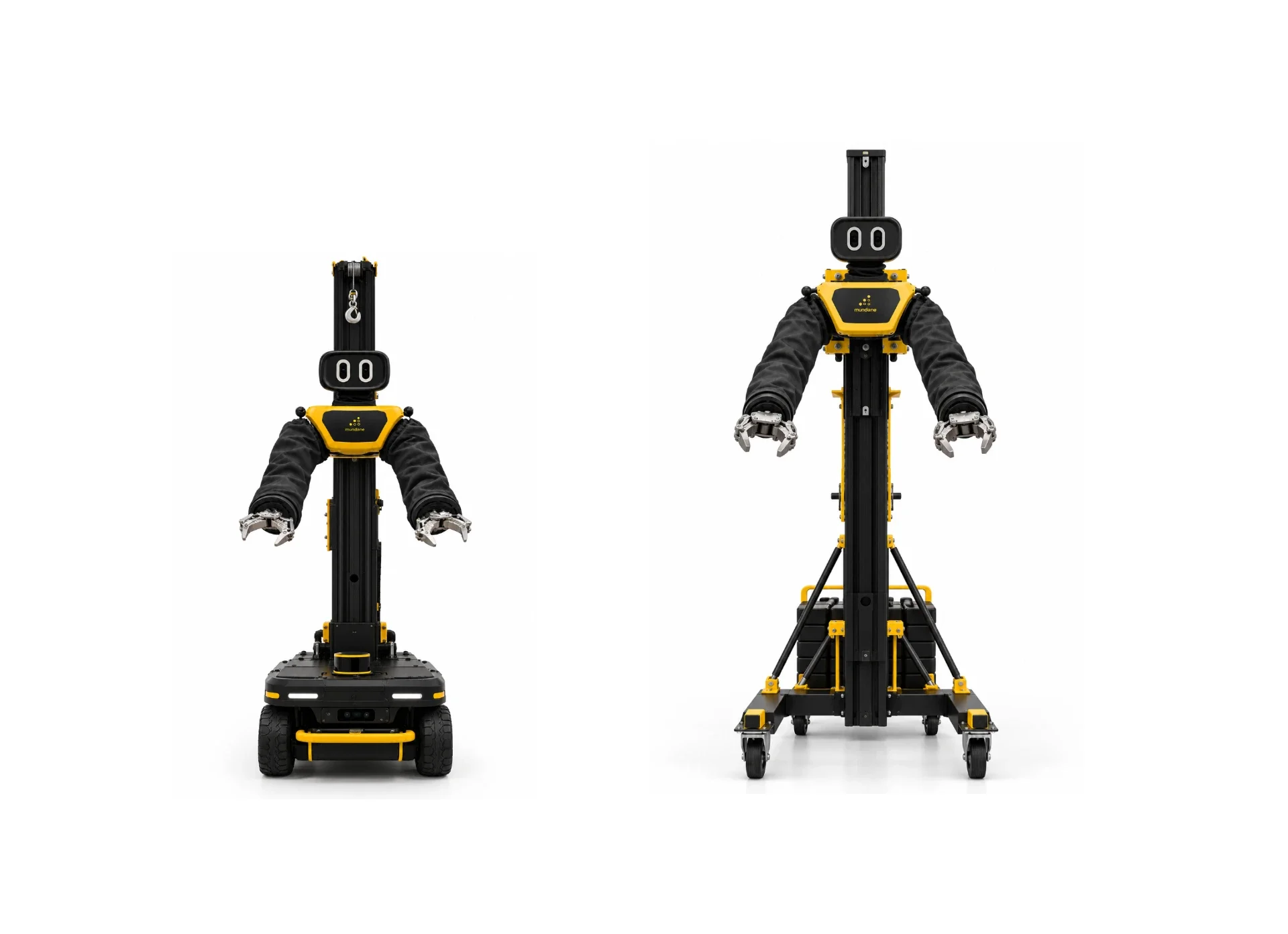 The two Mundane robot bodies, one on a wheeled mobile base and one on a stationary base on casters, each with a pair of arms and grippers